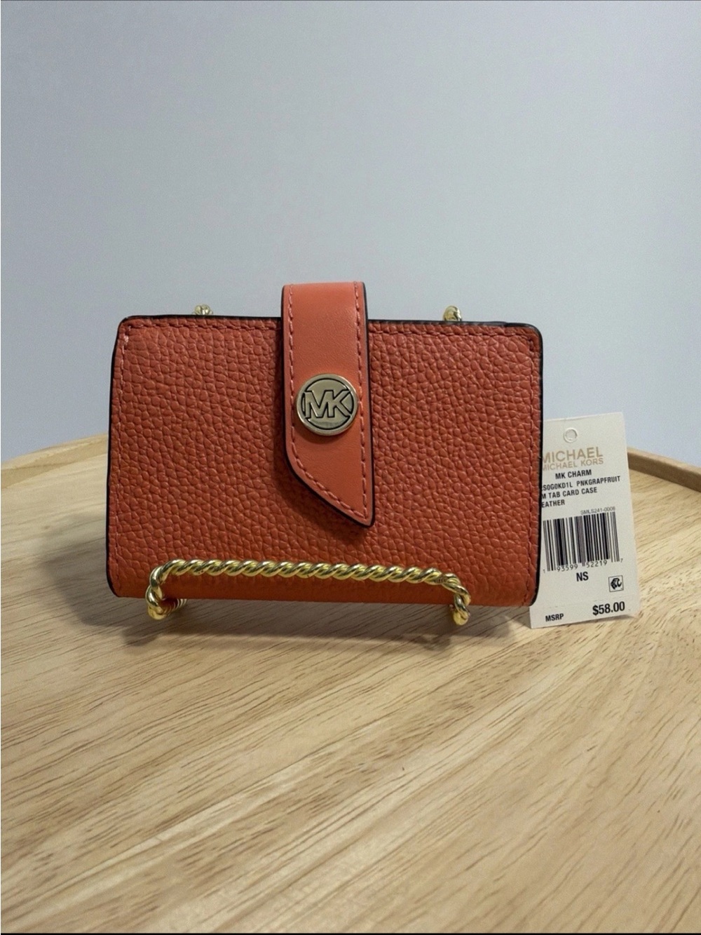 Michael Kors MK Charm Small Tab Card Case Leather Wallet Pink Grapefruit Salmon